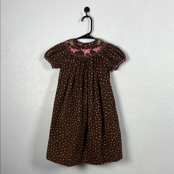 Girl’s Brown Polka Dot Pink Elephants Dress Bishop Smocked Sz 4T Embroidered - Picture 1 of 9